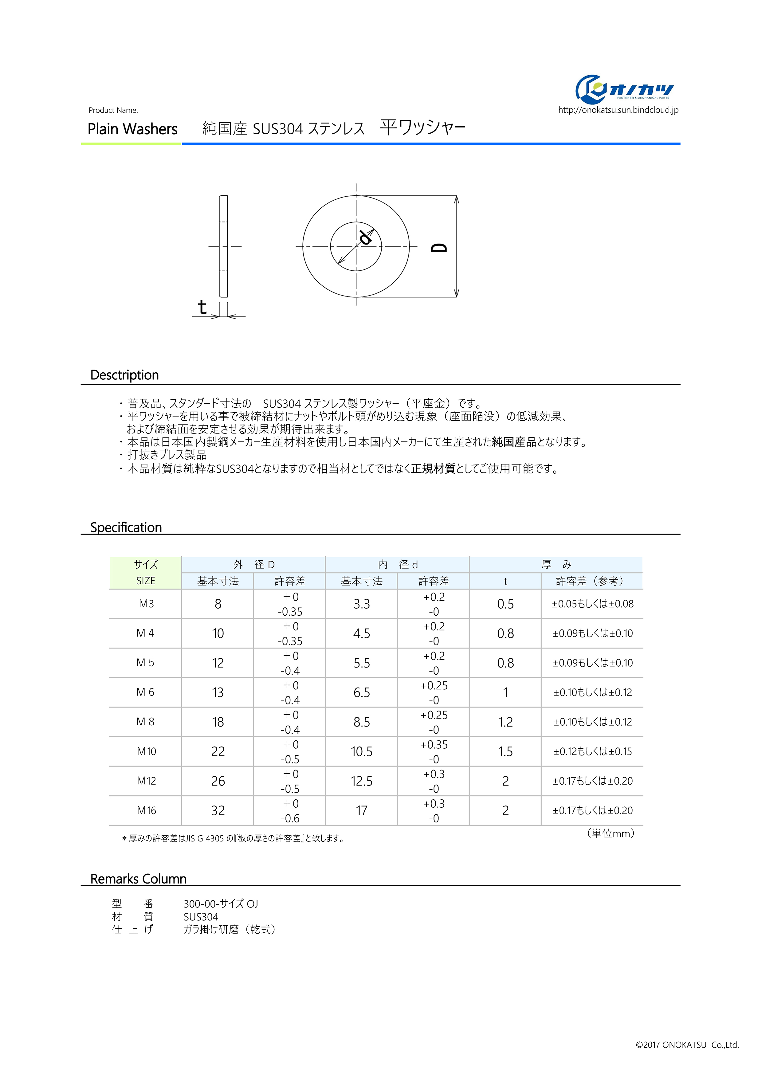 オノカツ ステンレス SUS304 平ワッシャー【純国産】 - オノカツ Official Corporate Web Site.